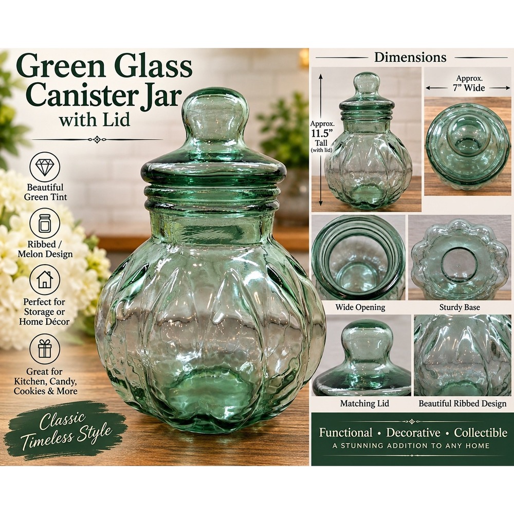 Green Glass Canister Jar with Lid Ribbed Melon Design 11.5 Inch Tall